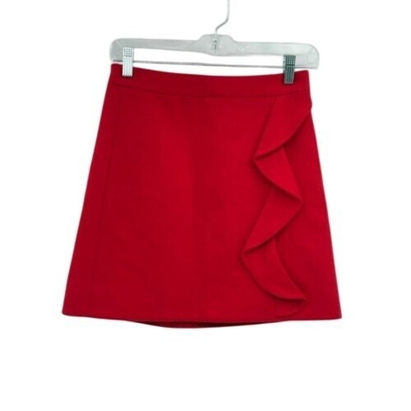 J. Crew Dresses & Skirts - J. Crew Mini Skirt Wool Pencil Straight Ruffle Women Size 2 Red Party Holiday